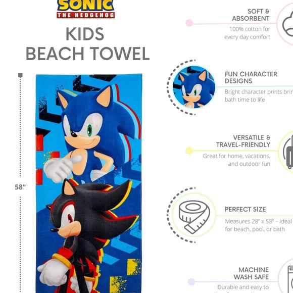 Sonic the Hedgehog Beach Towel Sonic & Shadow  28 x 58 Super Soft Sega Summer - Picture 3 of 9